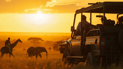 Fototapeta premium Tourists on a safari jeep at sunset, watching elephants and giraffes in the distance with an orange sky overhead.