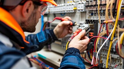 Professional electrician working at renovating home
