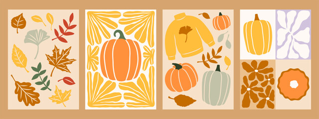 Fall vector cards set. Autumn arrangements, pumpkin, leaves, florals