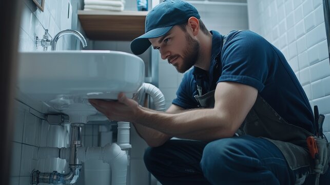Professional plumber in uniform fixing sink pipes at home for maintenance by skilled handyman