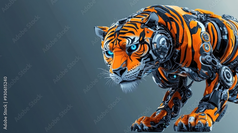 Poster graphic design representation of a robotic tiger for a sports team logo printing and mascot copy spa
