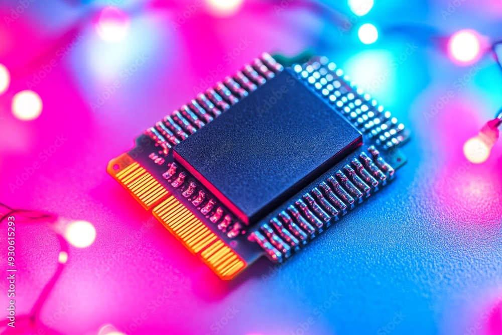 Poster close up of a black microchip on a colorful pink and blue background representing the contrast betwe