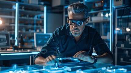 A middle-aged male inventor in a futuristic lab, showcasing a groundbreaking new technology, surrounded by prototypes and advanced equipment.