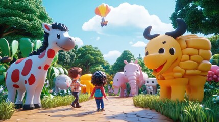 Fototapeta premium Whimsical 3D render of kids on a safari in a magical jungle