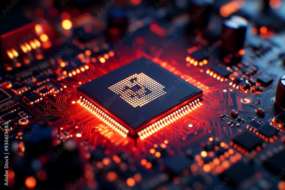Aufkleber close up of a red lit microchip on a black circuit board symbolizing the power and sophistication of