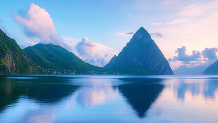 Sunset landscape of the tropical coastline with green mountains and blue ocean