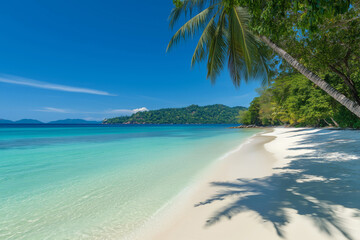 Fototapeta premium Beautiful tropical landscape with sandy beach and crystal clear turquoise ocean, with lush greenery and palm trees