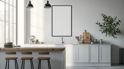 Farmhouse style poster frame mockup in cozy kitchen interior with rustic design elements
