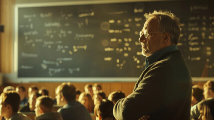 A distinguished male professor in his 50s, lecturing to a large class in a modern university lecture hall, with complex formulas written on the board behind him.