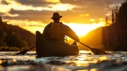 Silhouette of a man at sunset canoeing in a canoe in a wild river