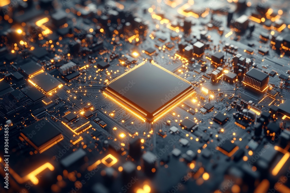 Poster close up of a glowing microchip on a dark circuit board symbolizing the innovation and energy in mod