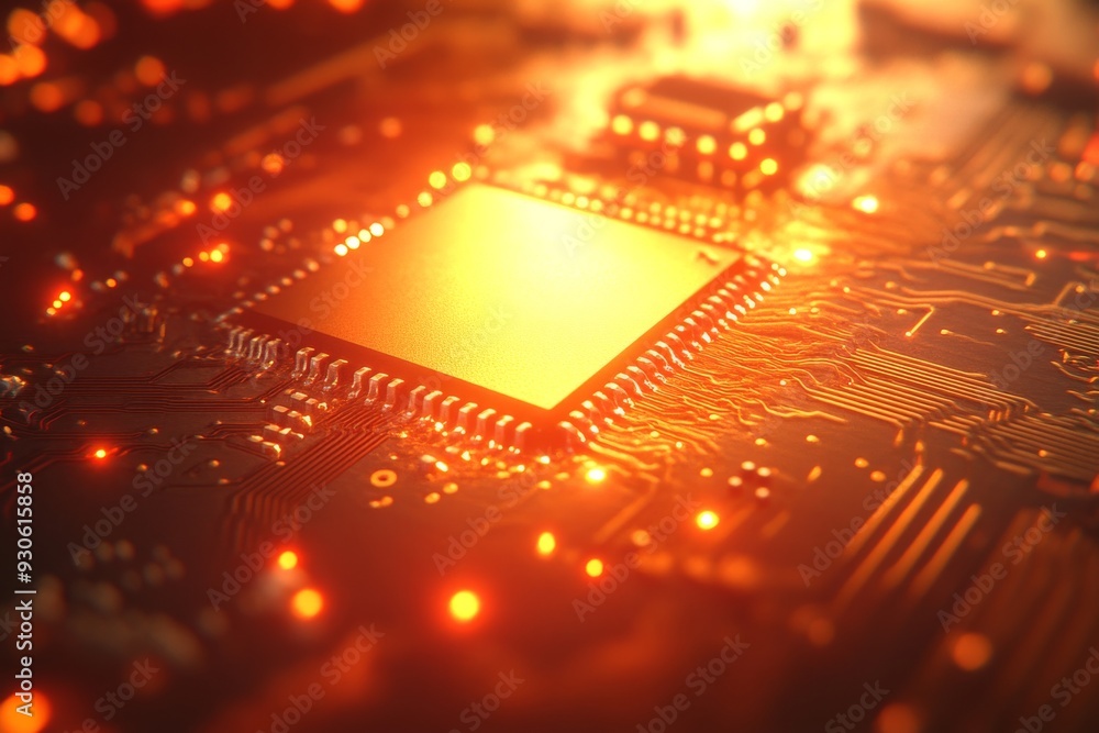 Poster macro shot of a transparent cube housing a microchip illuminated by pink light representing the fusi