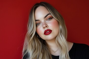 Fototapeta premium Stunning portrait of young woman with red lipstick wavy hair