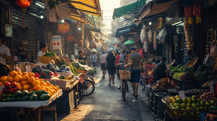 Naklejka premium A lively street market in an Asian city, with vendors selling fresh produce, street food, and handmade goods, and shoppers haggling.