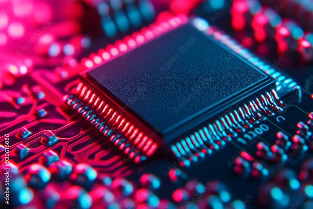 Poster close up of a microchip on a neon lit circuit board representing the energy and innovation in modern