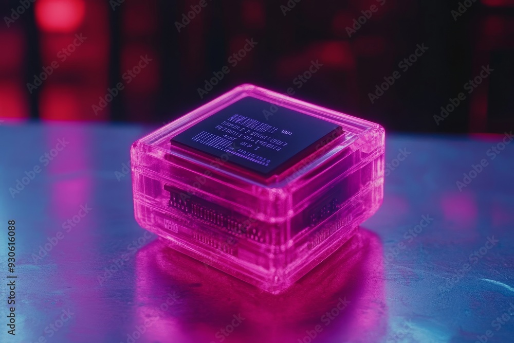 Poster high definition close up of a microchip on a dark circuit board illuminated by orange and red lights
