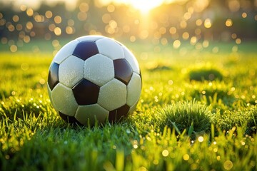 Fototapeta premium A solitary soccer ball rests on a lush green field, surrounded by lush grass and a few scattered droplets of morning dew, waiting for action.