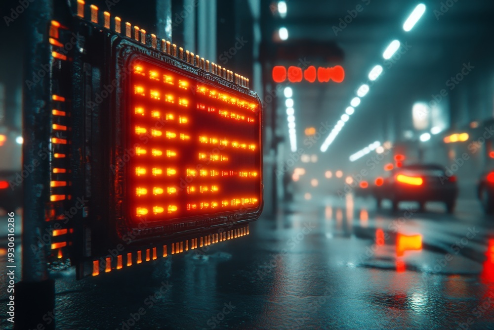 Aufkleber high definition close up of a glowing digital display in a dark cityscape symbolizing the intersecti