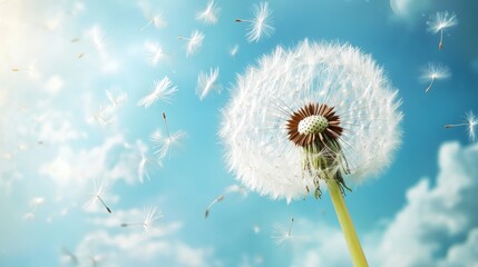 Dandelion flower seeds drifting in wind against serene blue sky landscape background