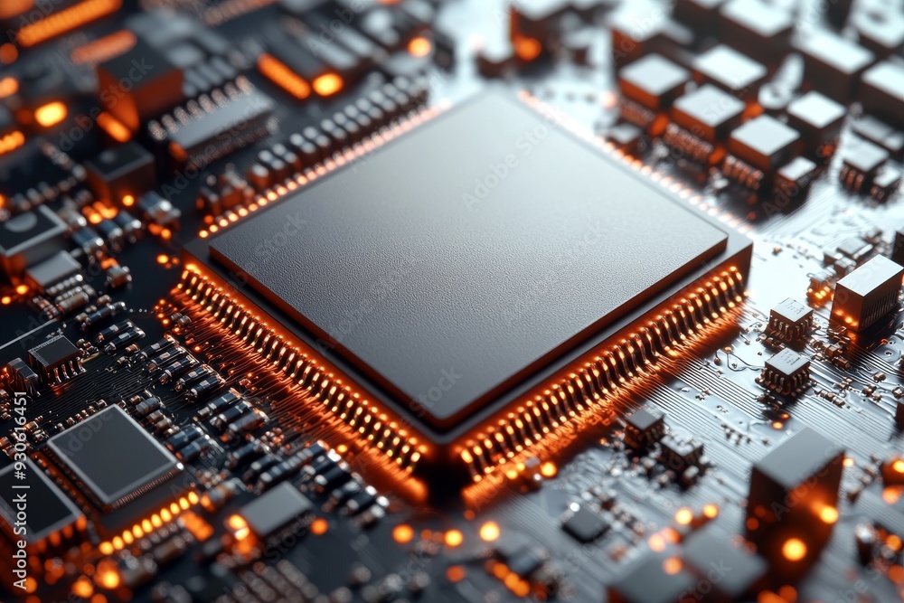 Poster high definition close up of a microchip on a circuit board illuminated by orange and blue lights sym