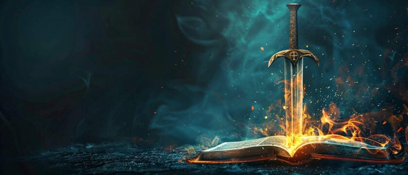 Sword of the spirit. Holy bible. For the word of God is living and active, sharper than any double-edged sword. Flaming sword of the spirit and the word of god concept art. With copy space