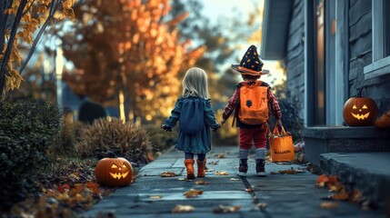 Kids trick or treat in Halloween costume. Happy Halloween