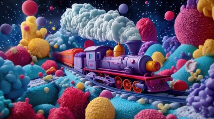 Whimsical 3D render of a toy train journeying through a magical world