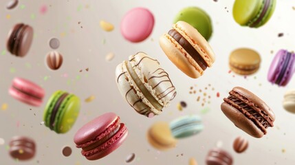 Obraz premium Various colorful of macarons floating on the air, Desserts sweet cake concept