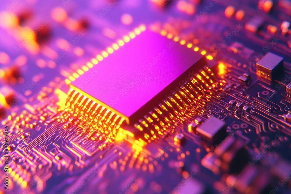 Poster close up of a purple microchip on a circuit board illuminated by pink and orange lights symbolizing 