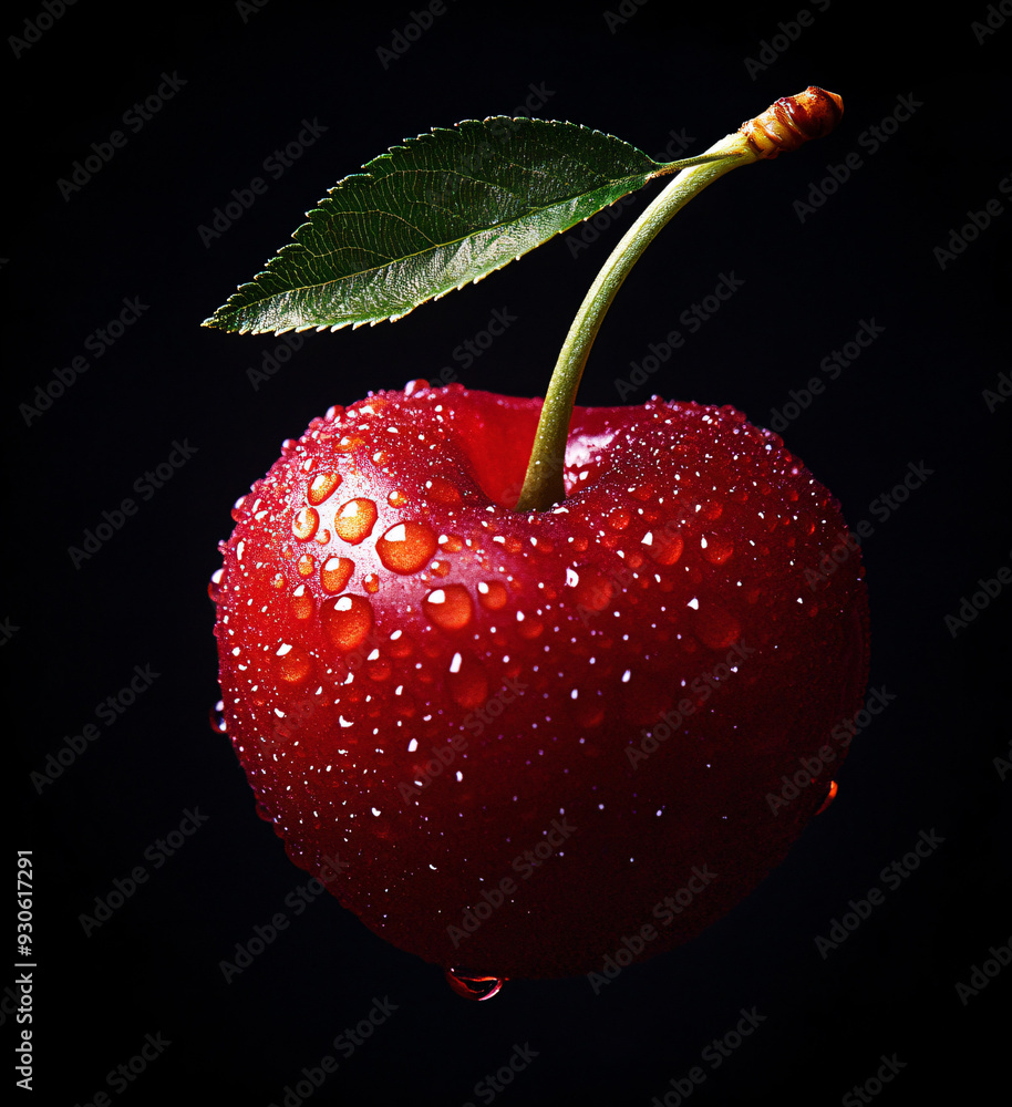 Wall mural single cherry with water drops