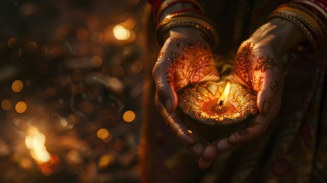 A Diwali diya in a garndma's hand. hyperrealistic, sony alpha, generative ai