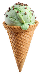 Mint chocolate chip ice cream in waffle cone, transparent PNG file