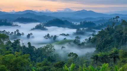 Obraz premium A misty sunrise over rolling hills and dense rainforest