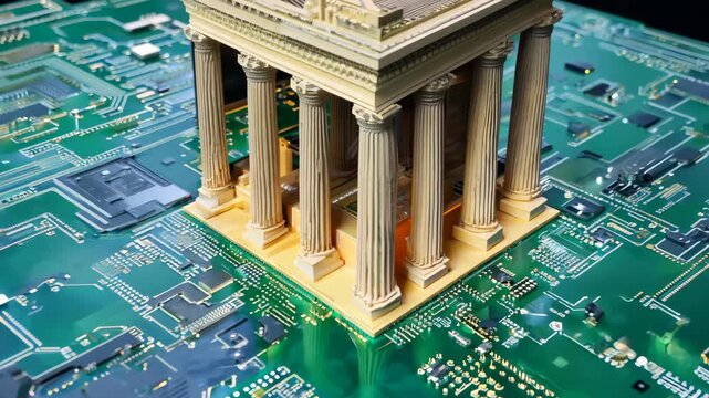 Miniature columns on circuit board represent technology's blend with classical architecture
