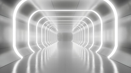 Fototapeta premium White background 3D room light abstract space technology tunnel stage floor. Empty white future 3D neon background studio futuristic corridor render modern interior silver road black wall design gray