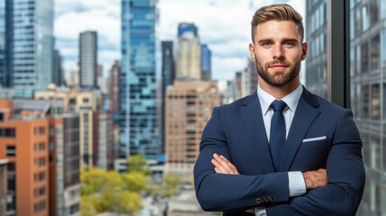 A man in a suit standing outside with his arms crossed, AI