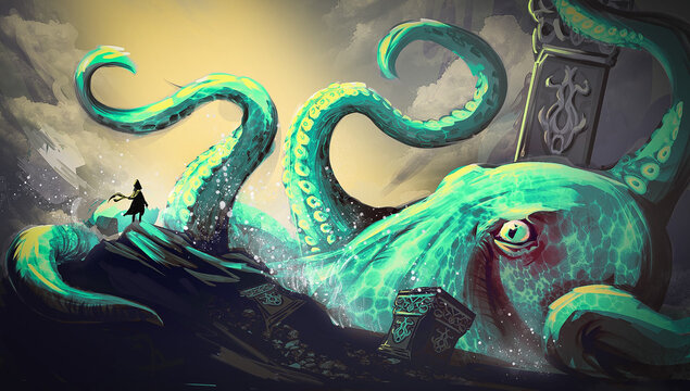 Illustration - Sc&egrave;ne &Eacute;pique Kraken
