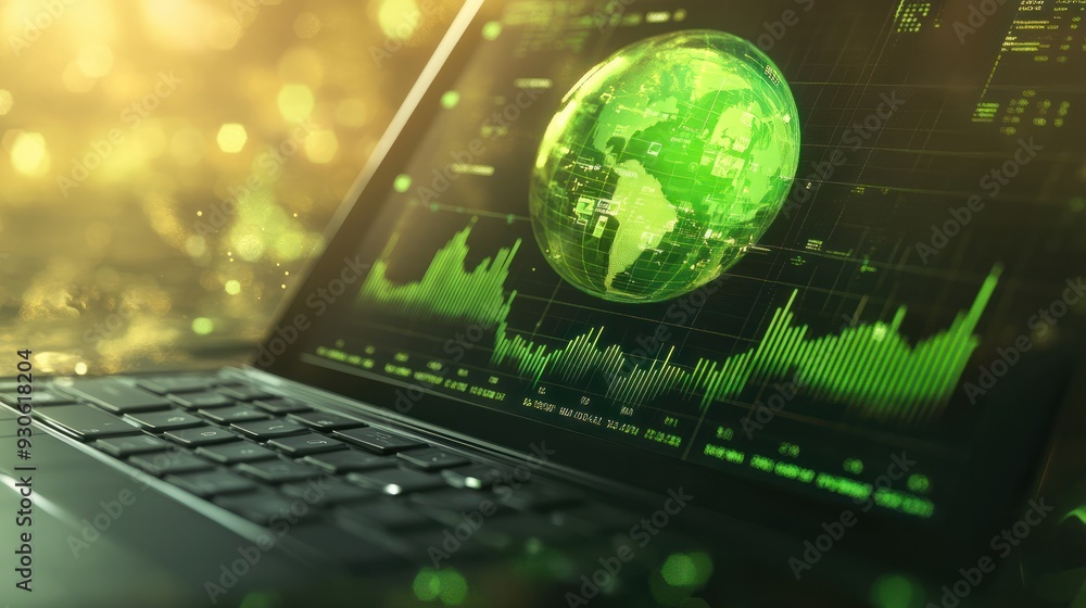 Aufkleber on the keyboard of the laptop, there is a green globe with stock graphs displayed on the laptop scre