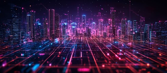 Obraz premium A futuristic cityscape with neon lights and digital grid patterns.