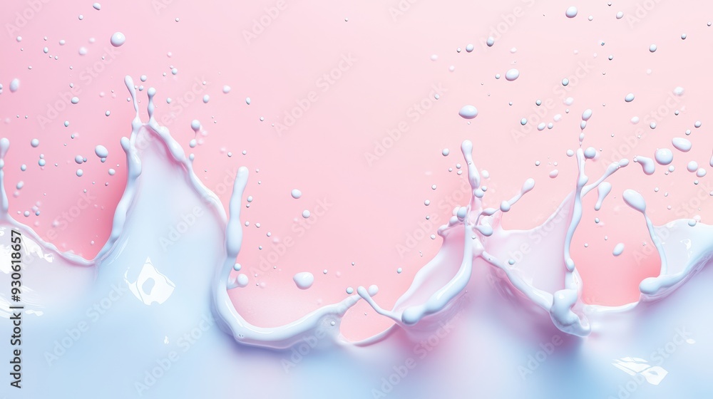 Poster splashing milk against a soft pink background, creating a dynamic visual effect.