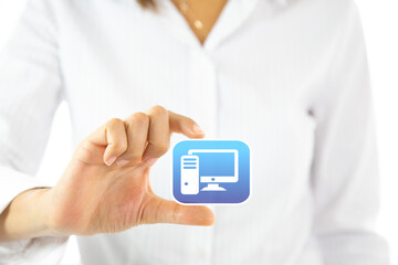businesswoman finger smart phone and tablet icon touch. business and technology concept