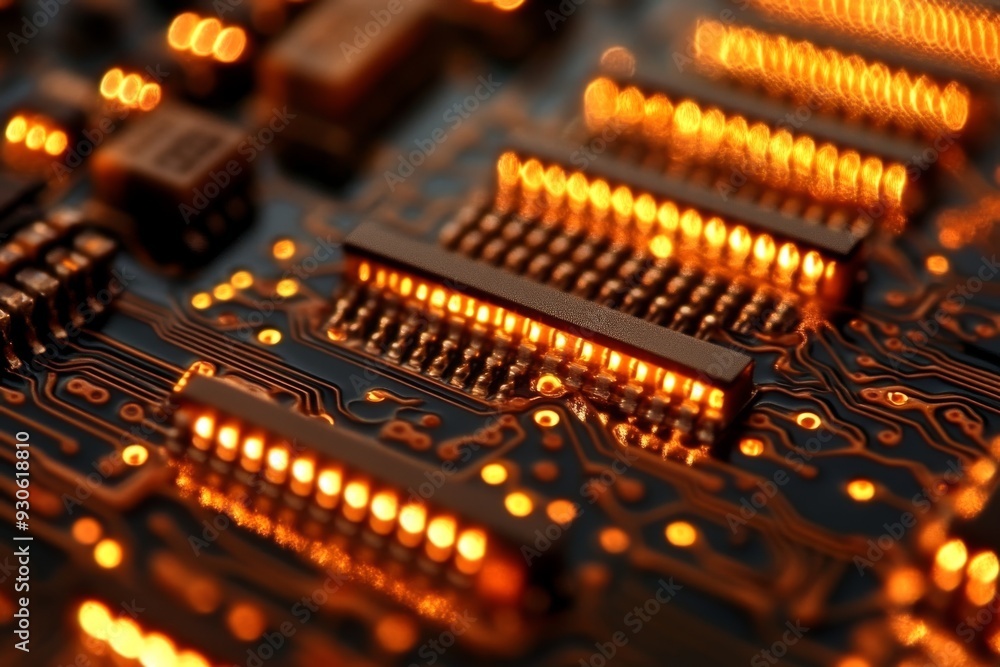 Poster high definition close up of a circuit board with golden components symbolizing the precision and ele