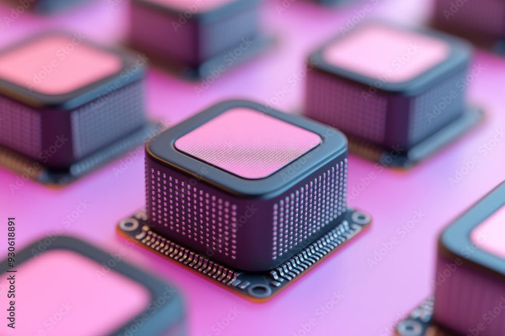 Aufkleber high definition close up of pink microchips arranged on a grid symbolizing the precision and aesthet