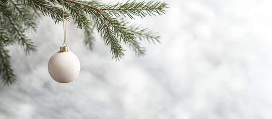 Minimalistic Christmas ornament hanging from a pine branch in a tranquil winter setting