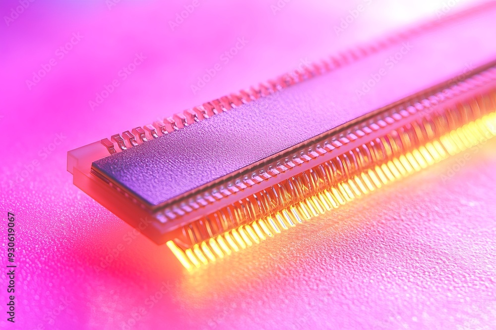 Poster macro shot of a glowing memory chip on a pink background highlighting the contrast between technolog