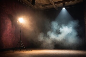 Dimly lit stage with large spotlight and smoky background