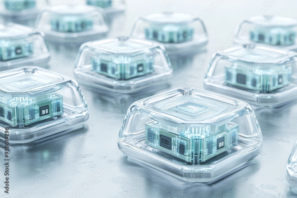 Poster high definition image of transparent electronic components in a clean room symbolizing the precision