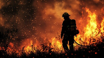 Silhouette of a firefighter battling blazing wildfire