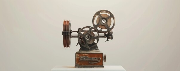 Vintage film projector on white background, 4K hyperrealistic photo