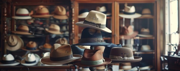 Vintage hat stand with various hats, 4K hyperrealistic photo